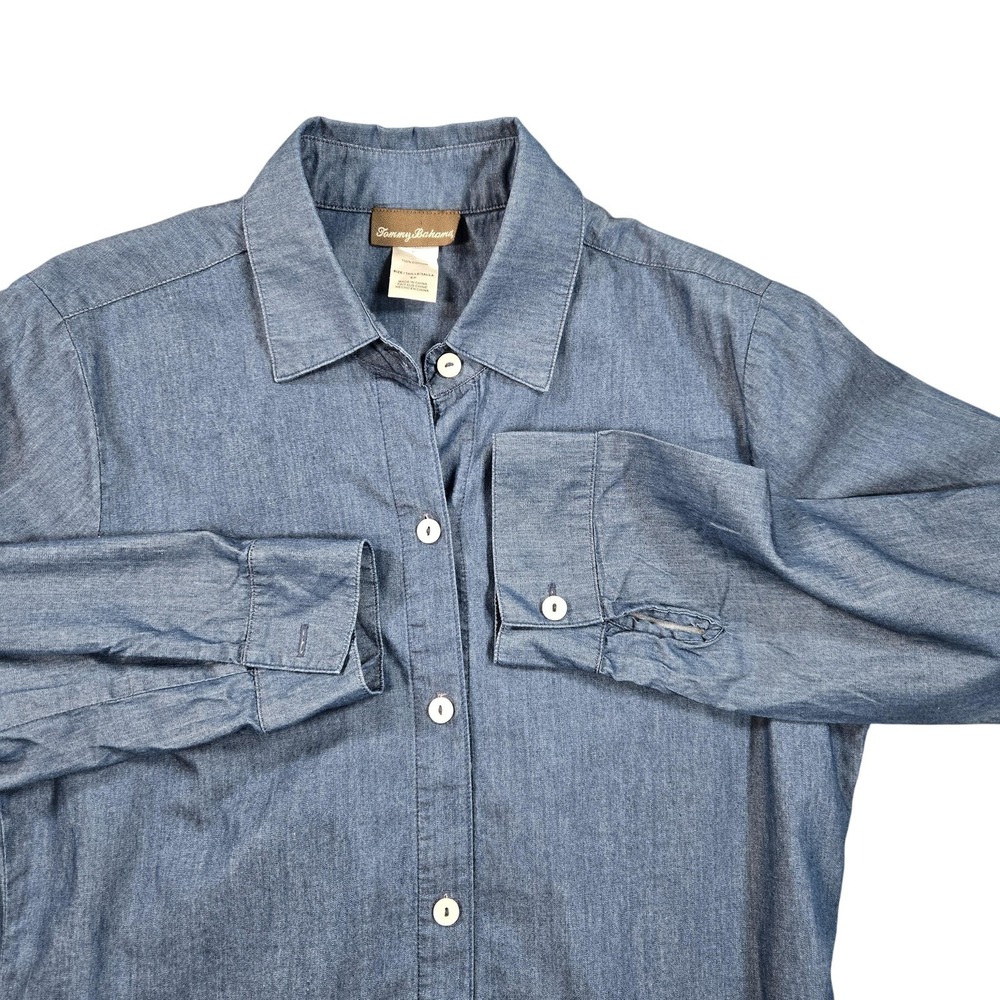 Tommy Bahama Shirt Womens Small Blue Chambray Button Up Tunic Long Sleeve Top